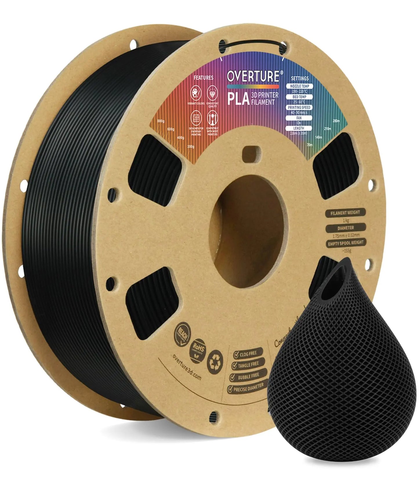 OVERTURE PLA Filament 1.75mm PLA 3D Printer Filament, 1kg Cardboard Spool (2.2lbs), Dimensional Accuracy +/- 0.02mm, Fit Most FDM Printer (Black 1-Pack) i3dyou