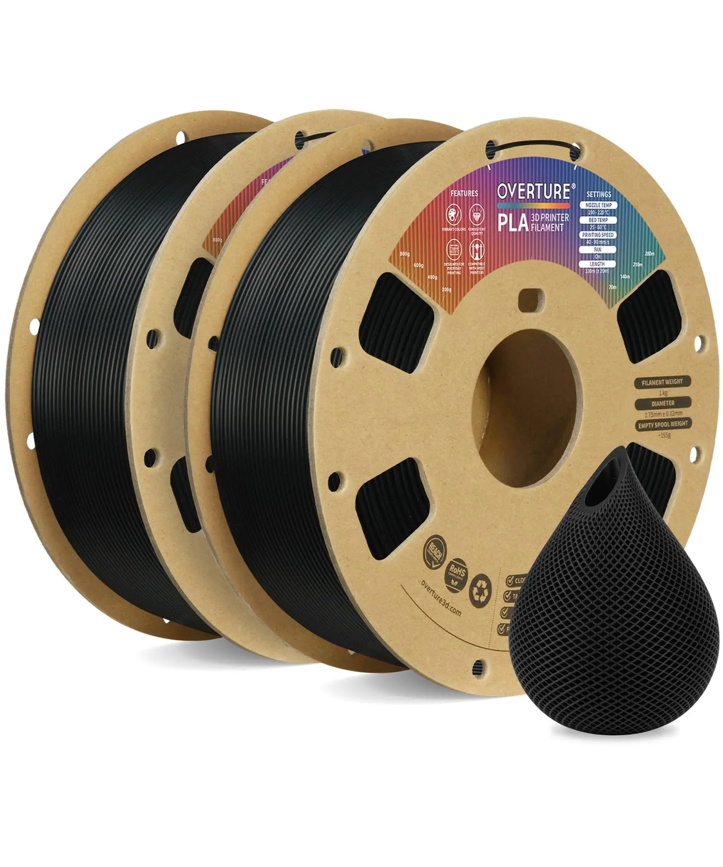 OVERTURE PLA Filament 1.75mm PLA 3D Printer Filament, 1kg Cardboard Spool (2.2lbs), Dimensional Accuracy +/- 0.02mm, Fit Most FDM Printer (Black 1-Pack) i3dyou