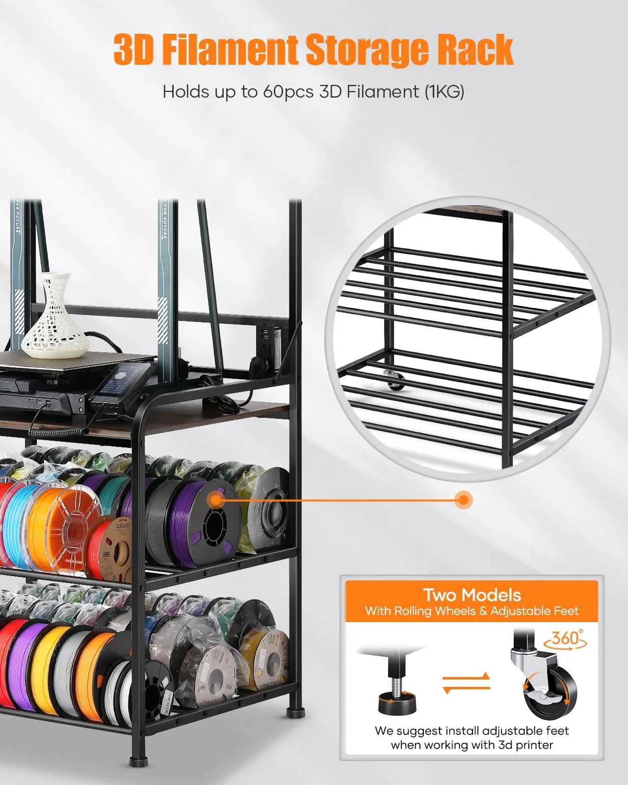 3D Printer Rack Filaments Storage - Rolling 3d Printing Stand Filament Organizer, Spools Holder Racks Cart with Wheels, Heavy Duty Shelf Hold Spool PLA, ABS, PETG for Garage Office Workshop i3dyou