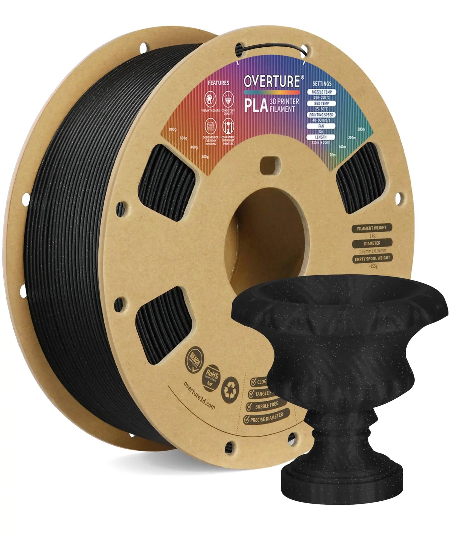 OVERTURE PLA Filament 1.75mm PLA 3D Printer Filament, 1kg Cardboard Spool (2.2lbs), Dimensional Accuracy +/- 0.02mm, Fit Most FDM Printer (Black 1-Pack) i3dyou
