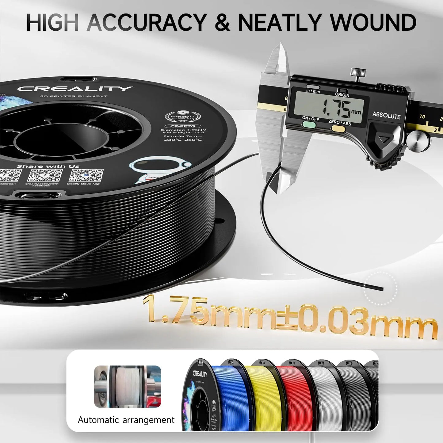 Official CR PETG 3D Printer Filament 1.75mm 1KG (2.2lbs), High Precision Strong Toughness, Odorless Better Flow Moistureproof 3D Printing Ender Filament (Black) i3dyou