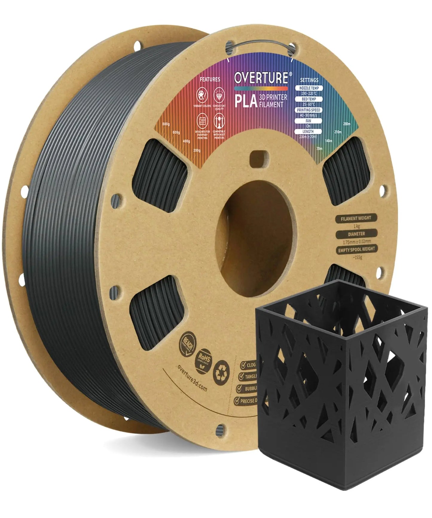 OVERTURE PLA Filament 1.75mm PLA 3D Printer Filament, 1kg Cardboard Spool (2.2lbs), Dimensional Accuracy +/- 0.02mm, Fit Most FDM Printer (Black 1-Pack) i3dyou