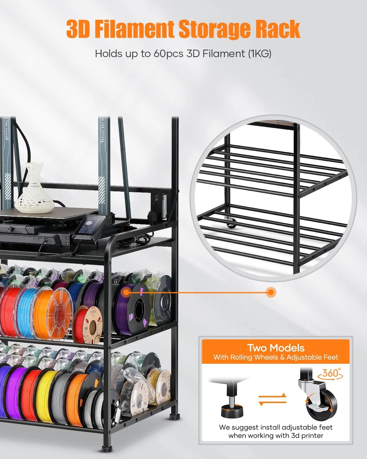 3D Printer Rack Filaments Storage - Rolling 3d Printing Stand Filament Organizer, Spools Holder Racks Cart with Wheels, Heavy Duty Shelf Hold Spool PLA, ABS, PETG for Garage Office Workshop i3dyou