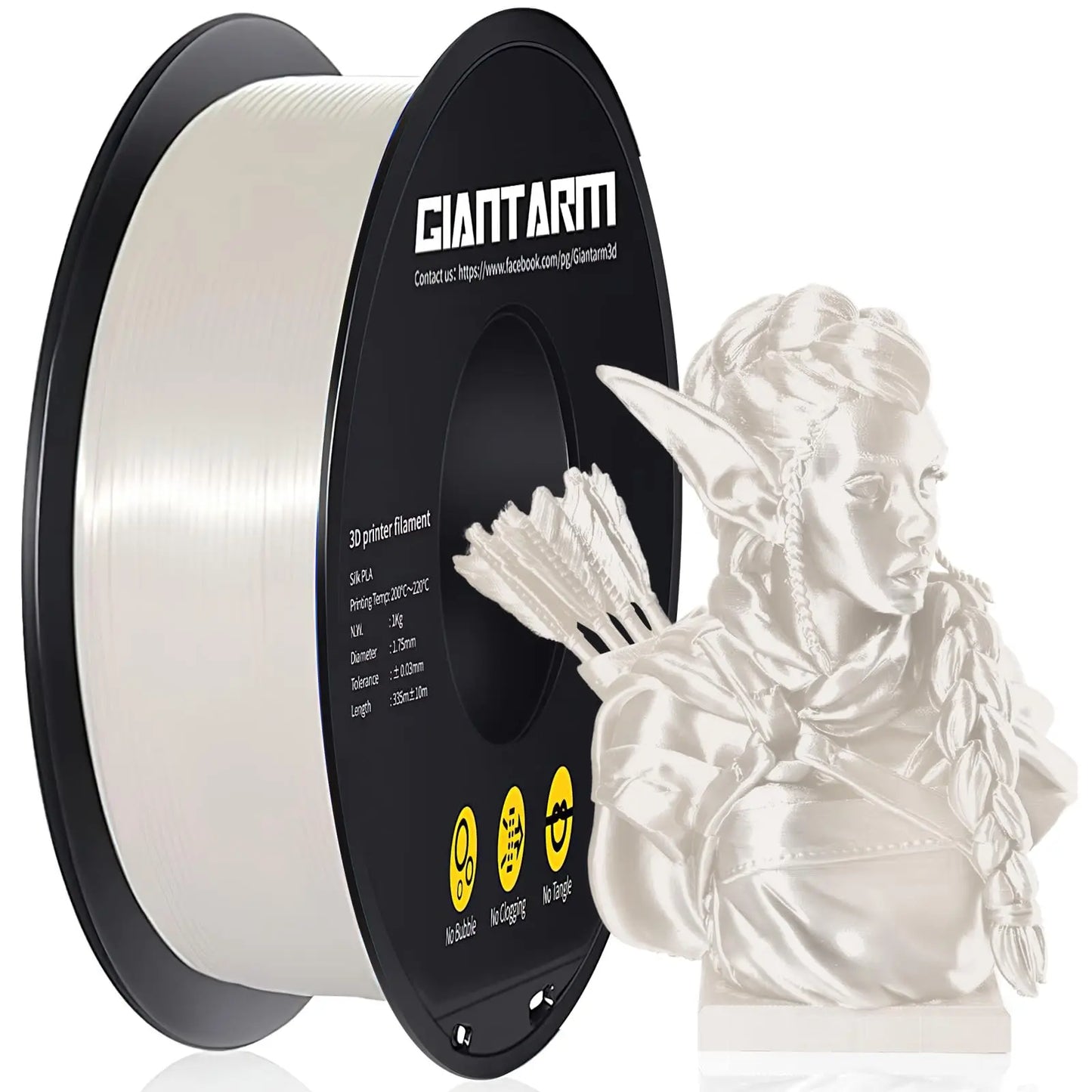 GIANTARM Silk Metallic Silver PLA 3D Printer Filament 1kg Spool, 1.75mm Dimensional Accuracy +/-0.03mm, 1080 Feet per Roll, Vacuum Packaging i3dyou