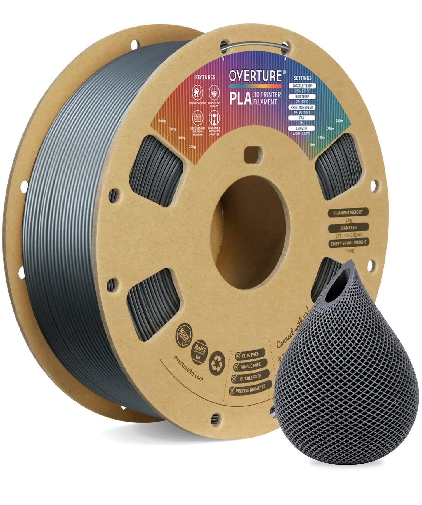 OVERTURE PLA Filament 1.75mm PLA 3D Printer Filament, 1kg Cardboard Spool (2.2lbs), Dimensional Accuracy +/- 0.02mm, Fit Most FDM Printer (Black 1-Pack) i3dyou