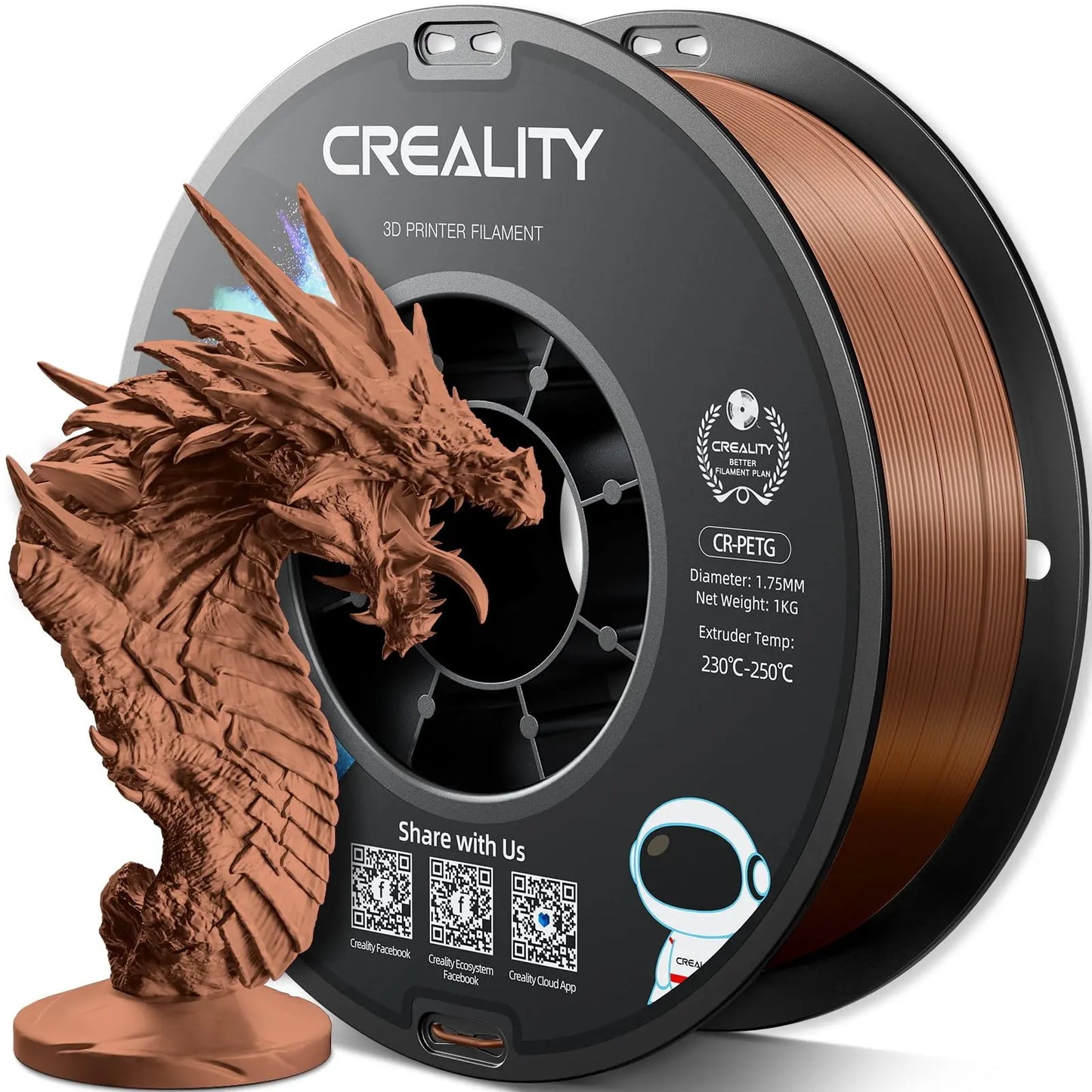 Official CR PETG 3D Printer Filament 1.75mm 1KG (2.2lbs), High Precision Strong Toughness, Odorless Better Flow Moistureproof 3D Printing Ender Filament (Black) i3dyou