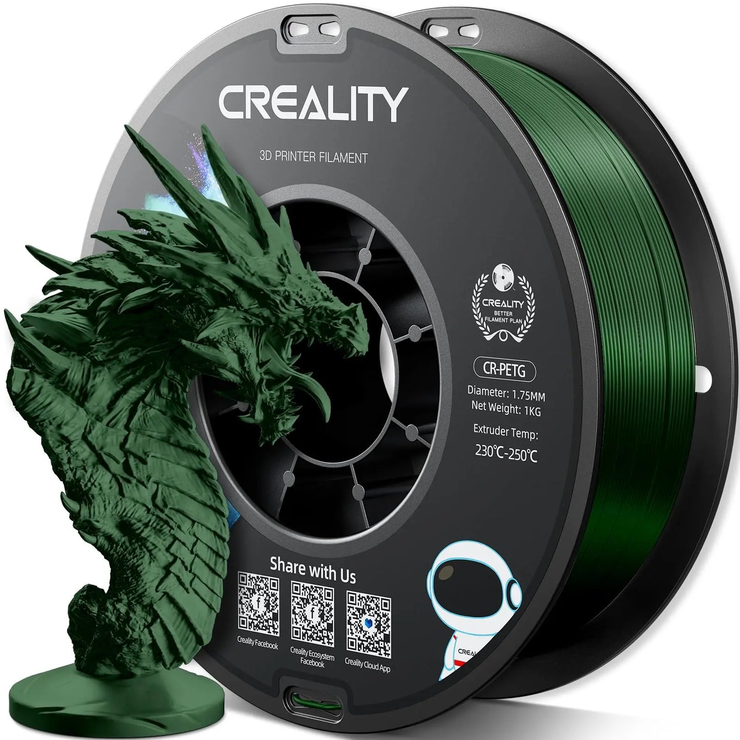 Official CR PETG 3D Printer Filament 1.75mm 1KG (2.2lbs), High Precision Strong Toughness, Odorless Better Flow Moistureproof 3D Printing Ender Filament (Black) i3dyou