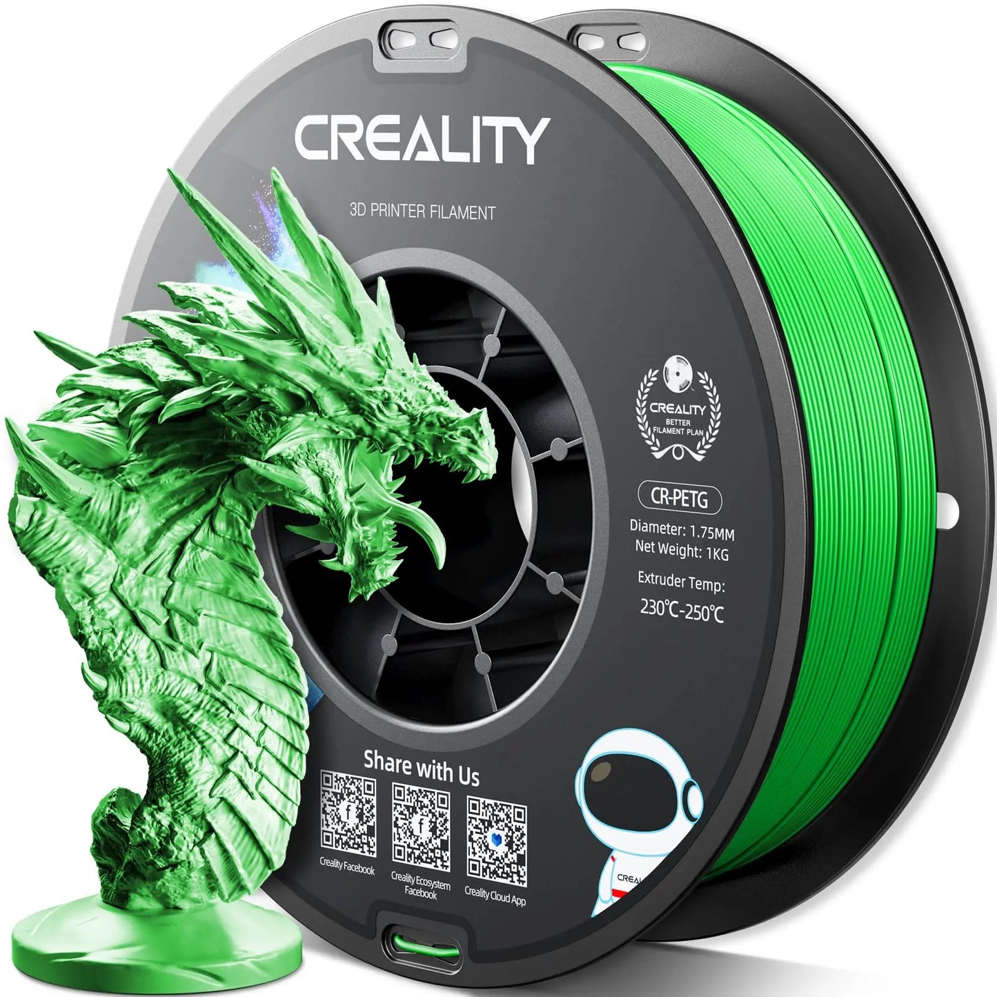 Official CR PETG 3D Printer Filament 1.75mm 1KG (2.2lbs), High Precision Strong Toughness, Odorless Better Flow Moistureproof 3D Printing Ender Filament (Black) i3dyou