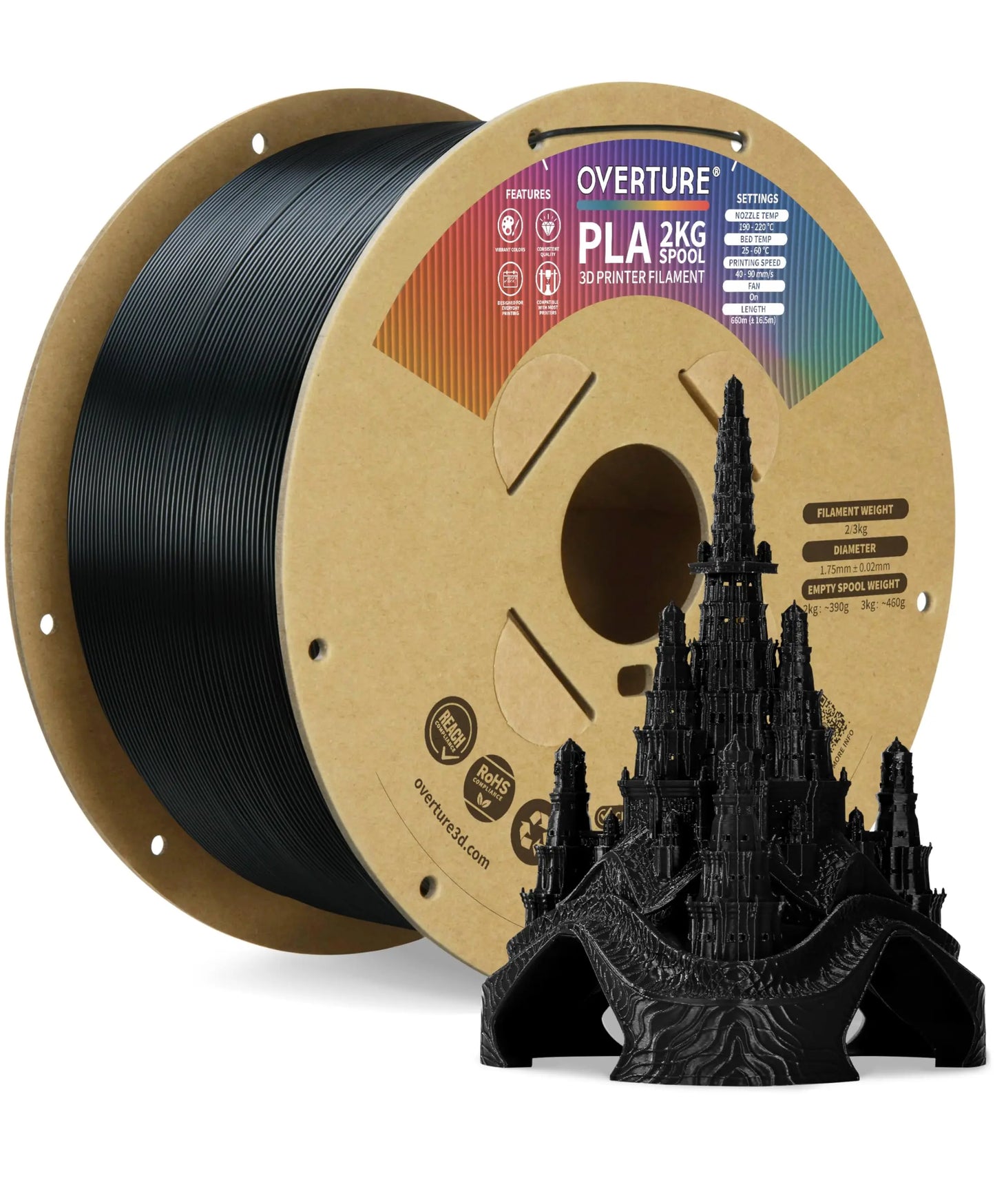 OVERTURE PLA Filament 1.75mm PLA 3D Printer Filament, 1kg Cardboard Spool (2.2lbs), Dimensional Accuracy +/- 0.02mm, Fit Most FDM Printer (Black 1-Pack) i3dyou