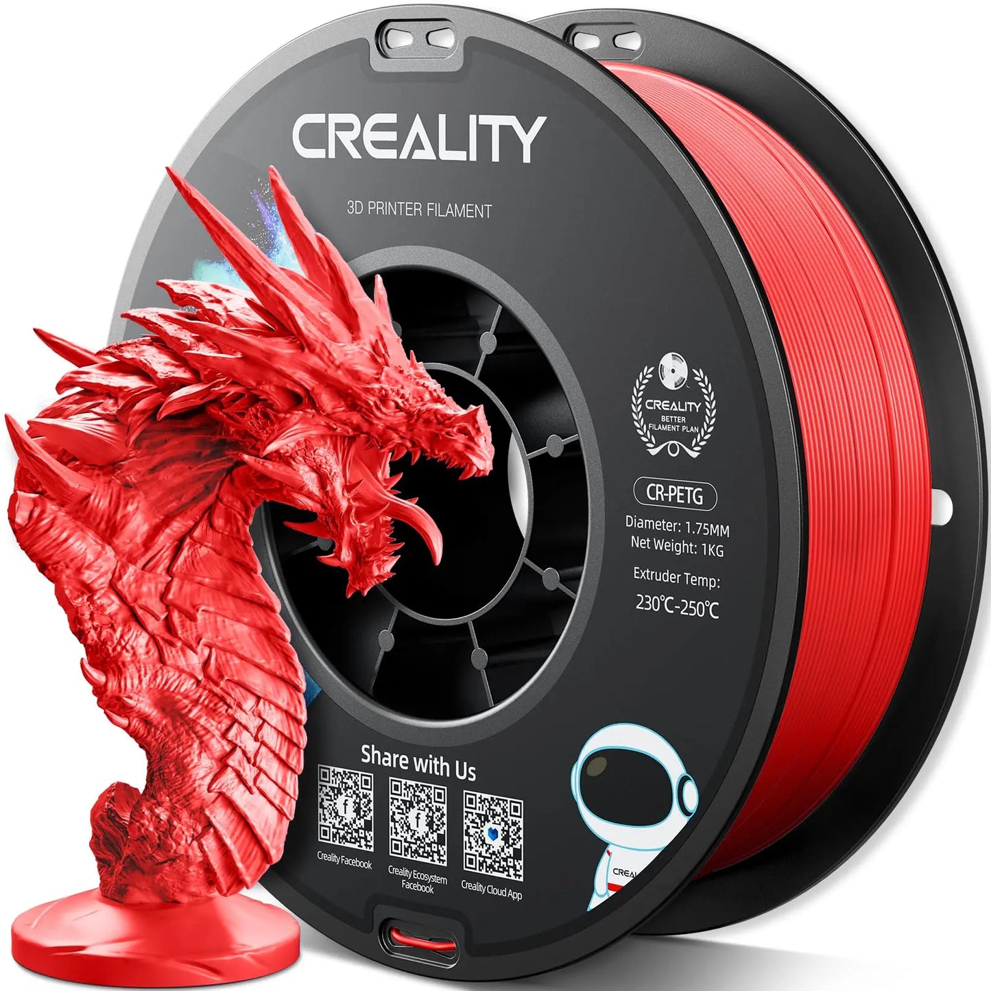 Official CR PETG 3D Printer Filament 1.75mm 1KG (2.2lbs), High Precision Strong Toughness, Odorless Better Flow Moistureproof 3D Printing Ender Filament (Black) i3dyou