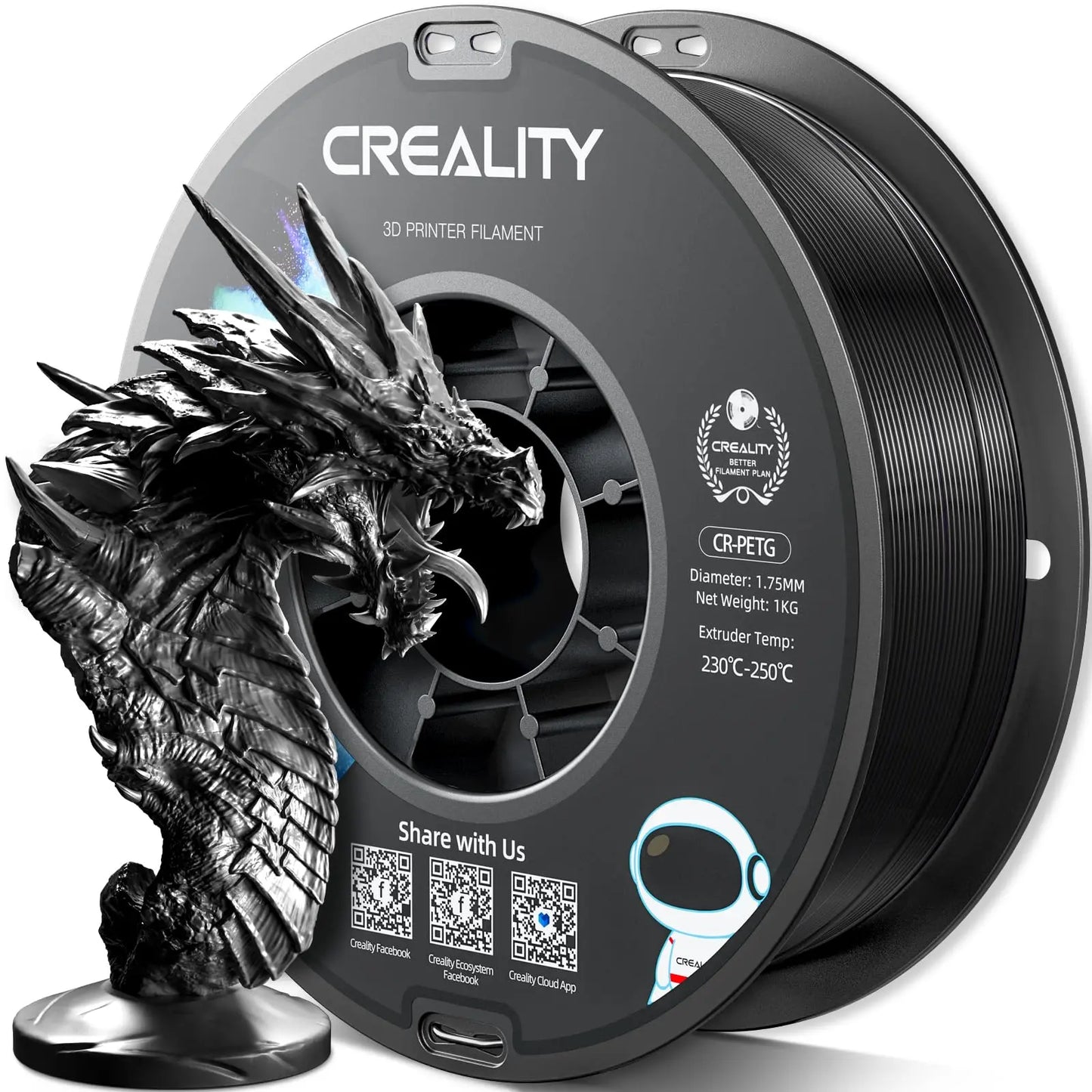 Official CR PETG 3D Printer Filament 1.75mm 1KG (2.2lbs), High Precision Strong Toughness, Odorless Better Flow Moistureproof 3D Printing Ender Filament (Black) i3dyou