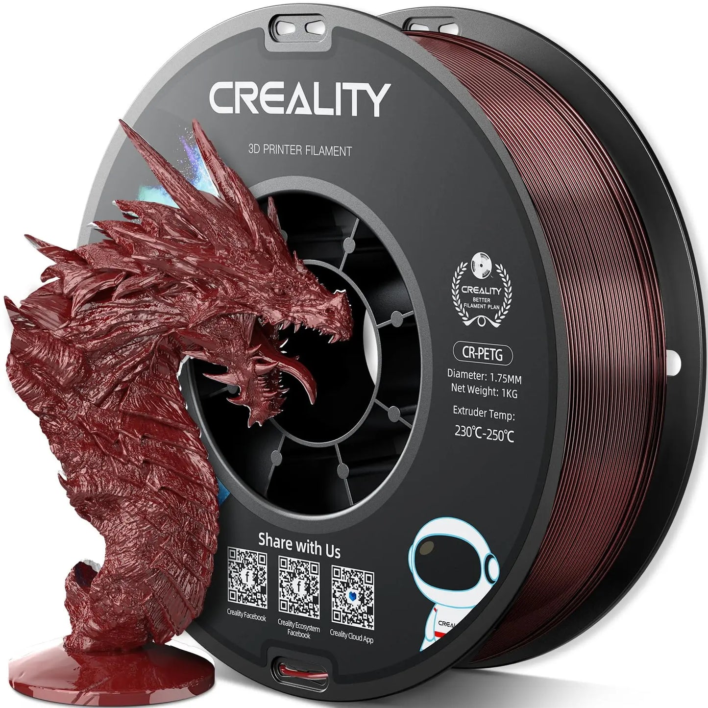 Official CR PETG 3D Printer Filament 1.75mm 1KG (2.2lbs), High Precision Strong Toughness, Odorless Better Flow Moistureproof 3D Printing Ender Filament (Black) i3dyou