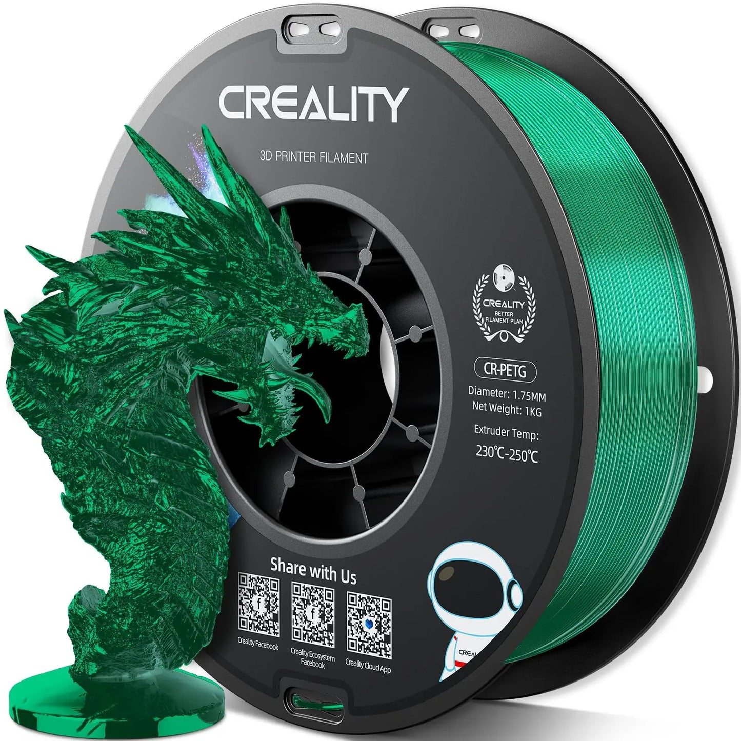Official CR PETG 3D Printer Filament 1.75mm 1KG (2.2lbs), High Precision Strong Toughness, Odorless Better Flow Moistureproof 3D Printing Ender Filament (Black) i3dyou