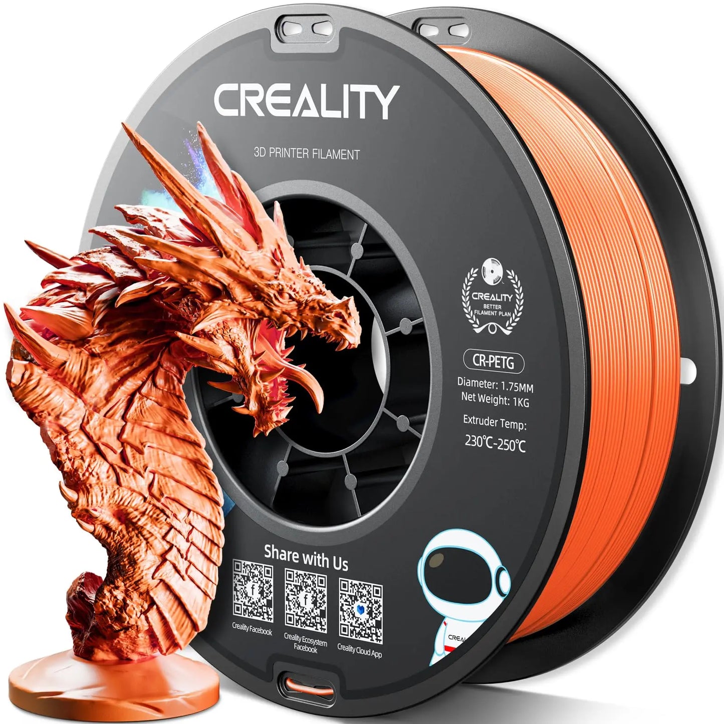 Official CR PETG 3D Printer Filament 1.75mm 1KG (2.2lbs), High Precision Strong Toughness, Odorless Better Flow Moistureproof 3D Printing Ender Filament (Black) i3dyou