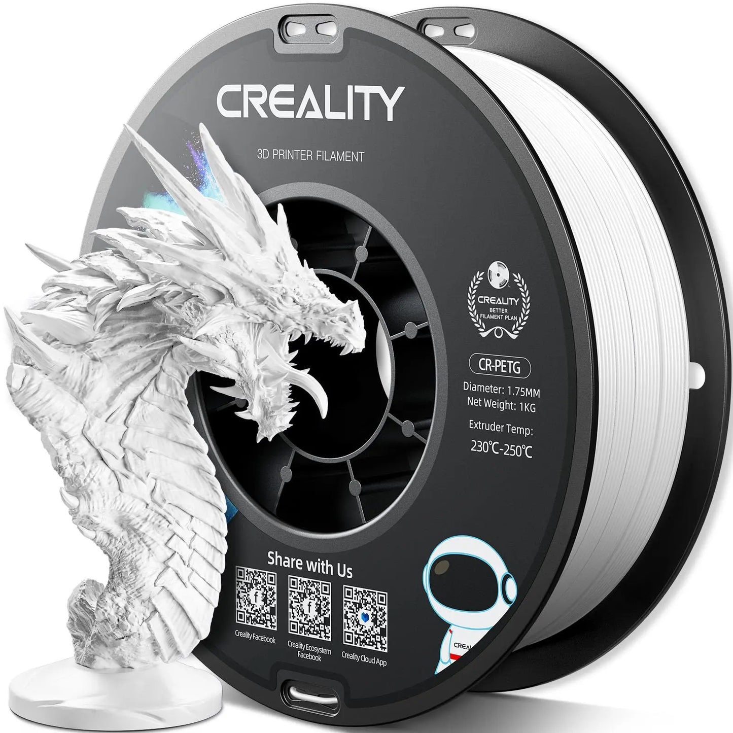 Official CR PETG 3D Printer Filament 1.75mm 1KG (2.2lbs), High Precision Strong Toughness, Odorless Better Flow Moistureproof 3D Printing Ender Filament (Black) i3dyou