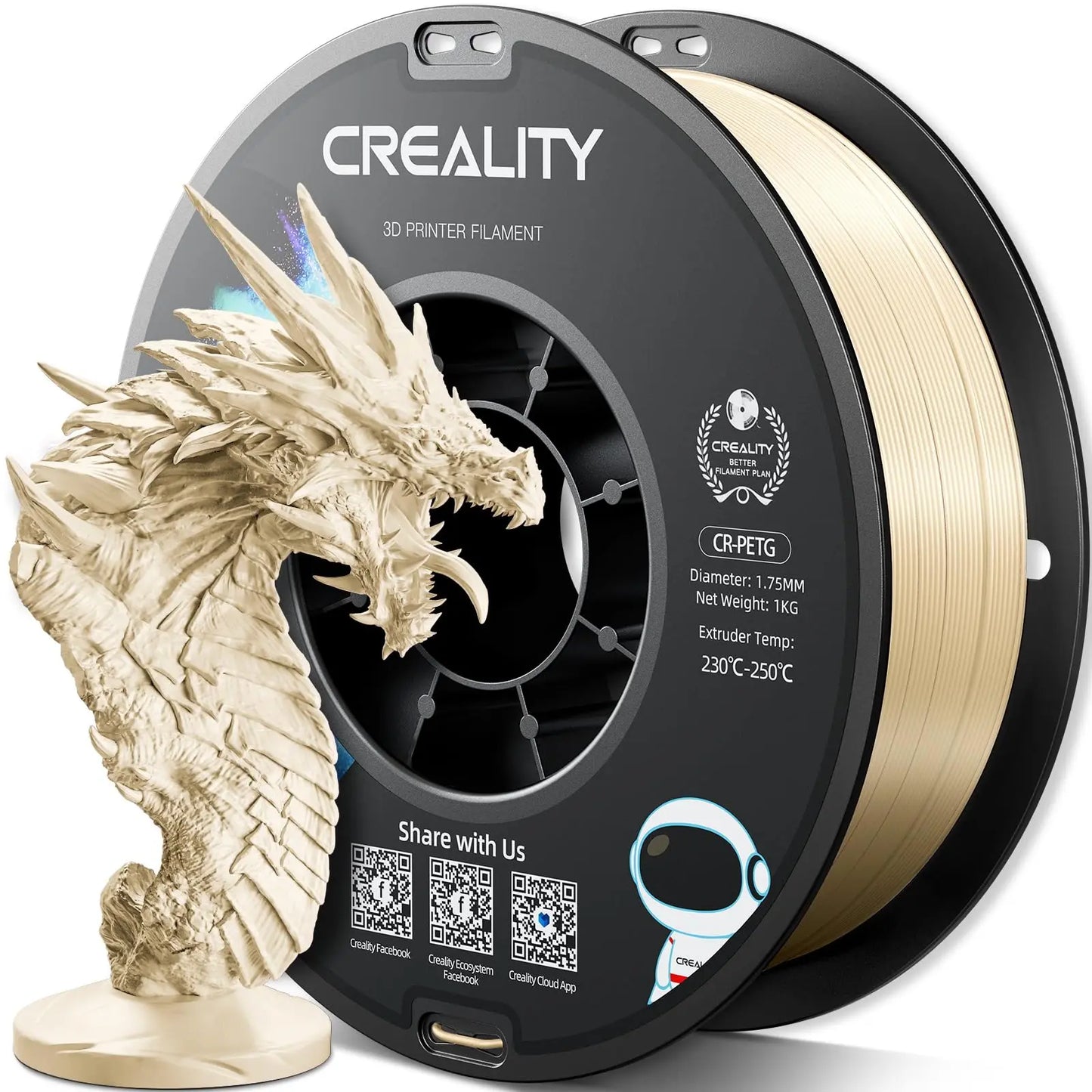 Official CR PETG 3D Printer Filament 1.75mm 1KG (2.2lbs), High Precision Strong Toughness, Odorless Better Flow Moistureproof 3D Printing Ender Filament (Black) i3dyou
