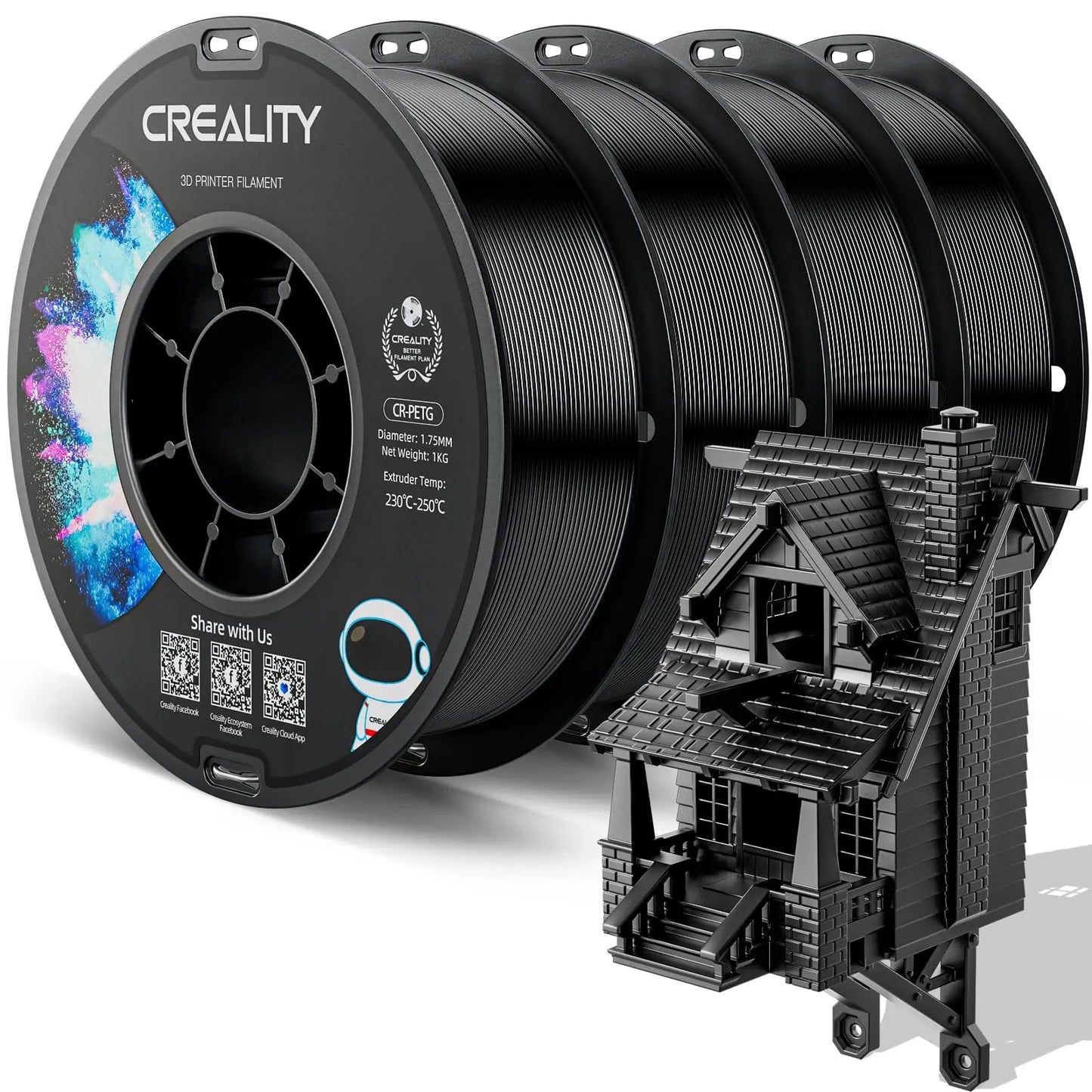 Official CR PETG 3D Printer Filament 1.75mm 1KG (2.2lbs), High Precision Strong Toughness, Odorless Better Flow Moistureproof 3D Printing Ender Filament (Black) i3dyou