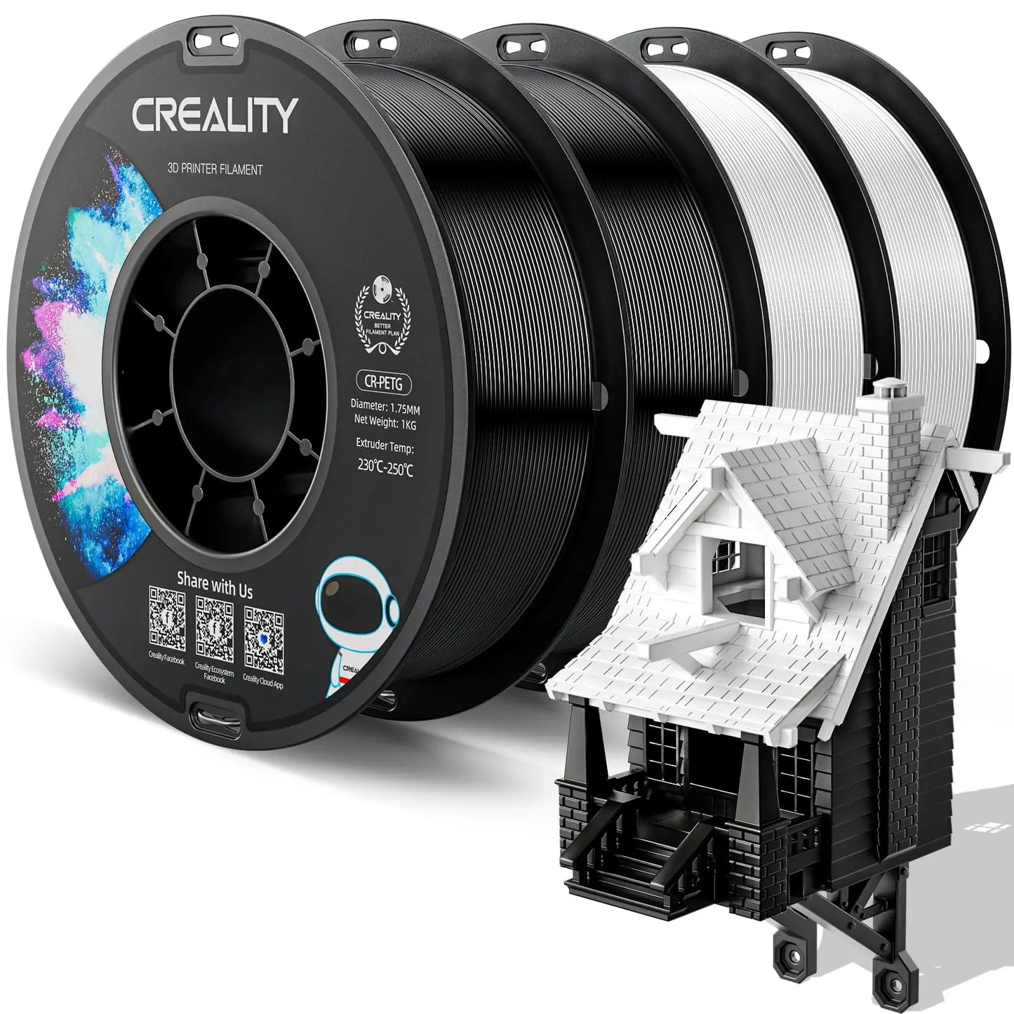 Official CR PETG 3D Printer Filament 1.75mm 1KG (2.2lbs), High Precision Strong Toughness, Odorless Better Flow Moistureproof 3D Printing Ender Filament (Black) i3dyou