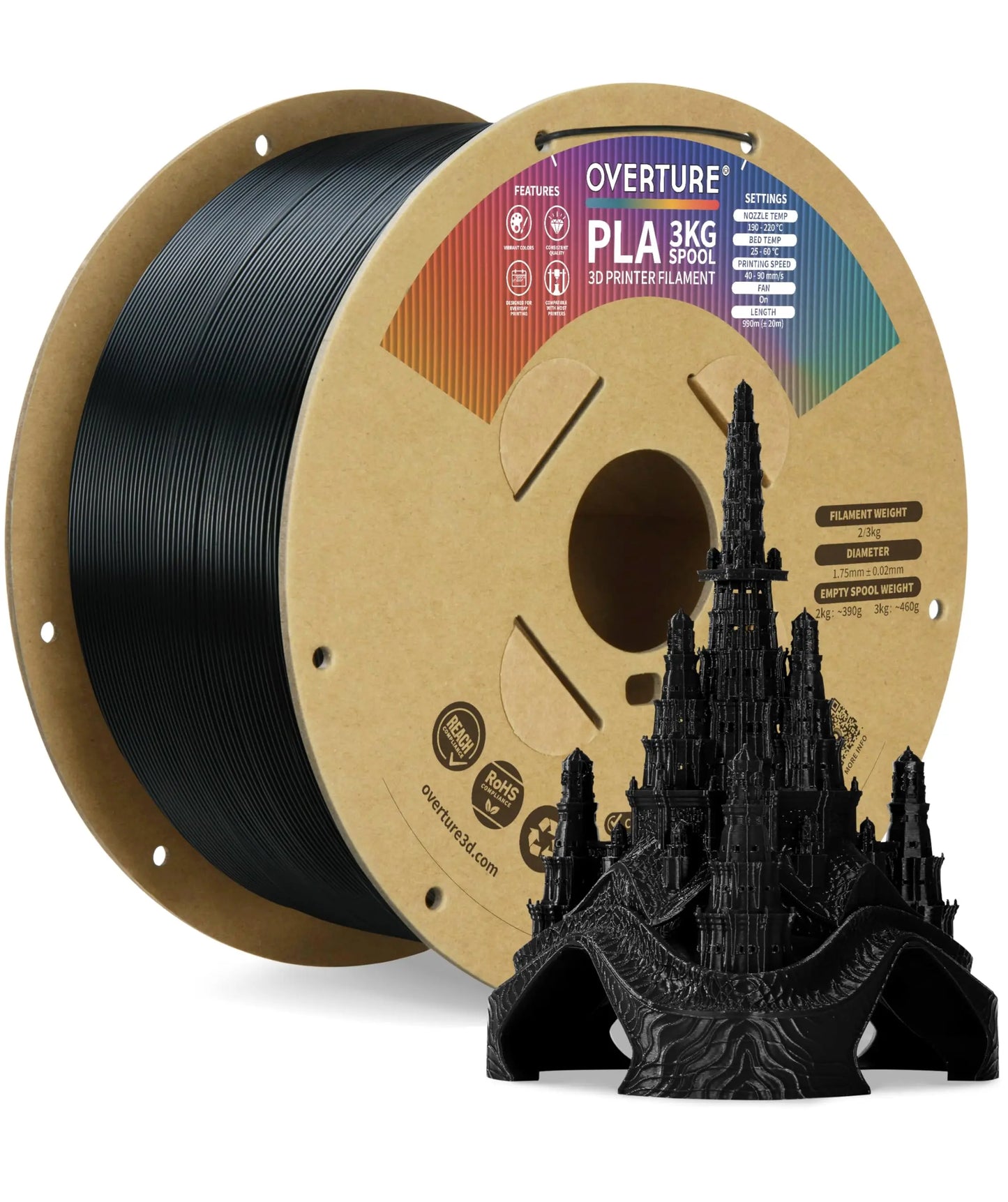 OVERTURE PLA Filament 1.75mm PLA 3D Printer Filament, 1kg Cardboard Spool (2.2lbs), Dimensional Accuracy +/- 0.02mm, Fit Most FDM Printer (Black 1-Pack) i3dyou