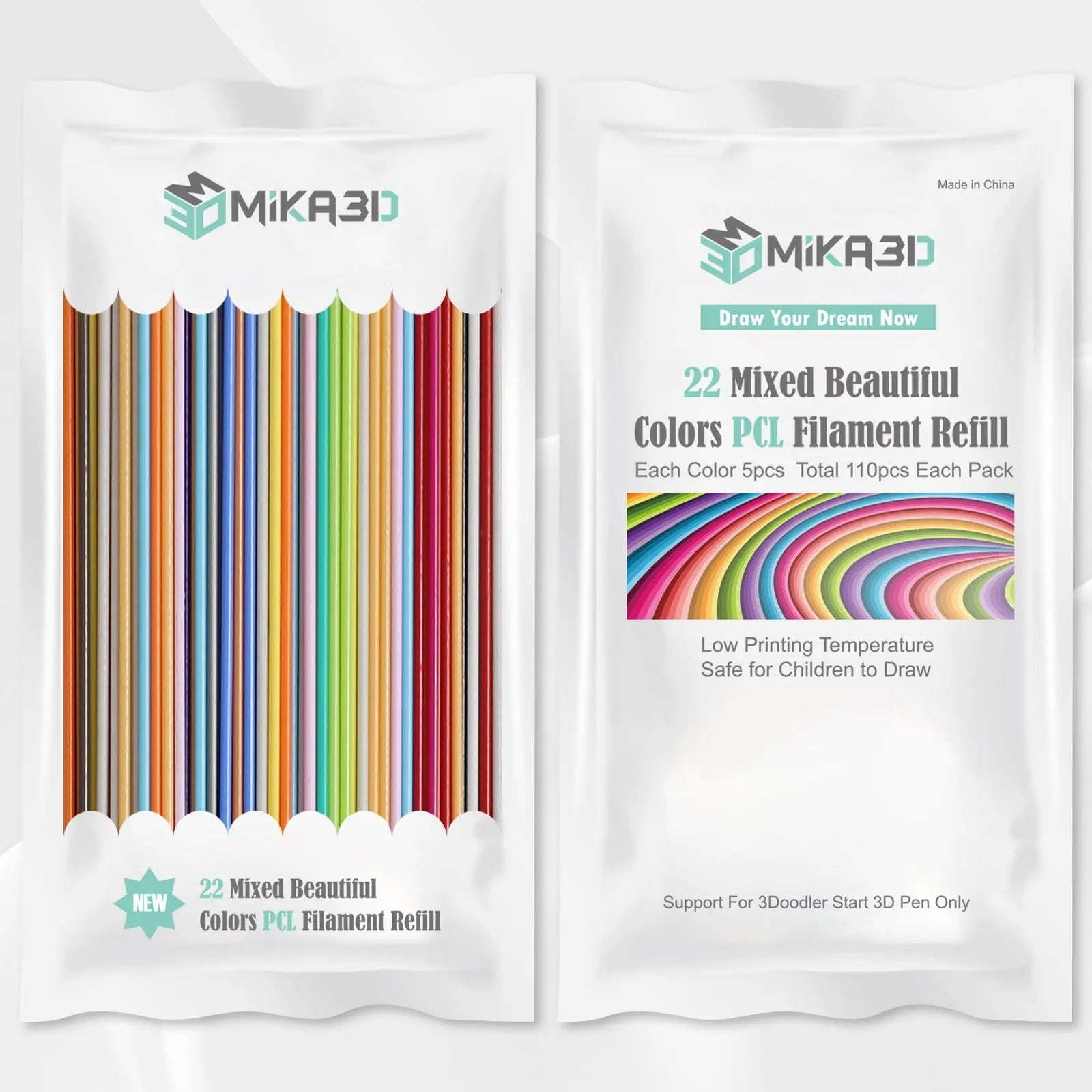 22 Colors PCL 3D Pen Filament Refill for 3Doodler Start+ 3D Pen, Low Print Temperature Filament Only Fit for 3Doodler Start 3D Pen, Each Color 15cm x 5pc, Total 110pcs 1650cm PCL Filament by MIKA3D - i3dyou