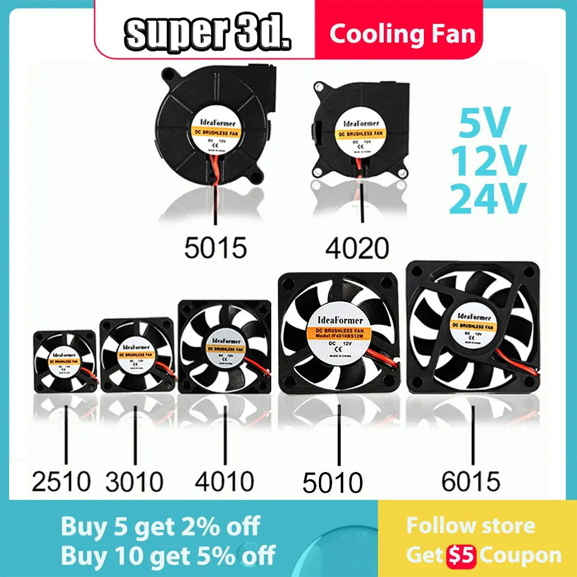 5015/4010/4020 12V&24V Cooling Turbo Fan Brushless 3D Printer Parts 2Pin For Extruder DC Cooler Blower Plastic Fans envio gratis - i3dyou