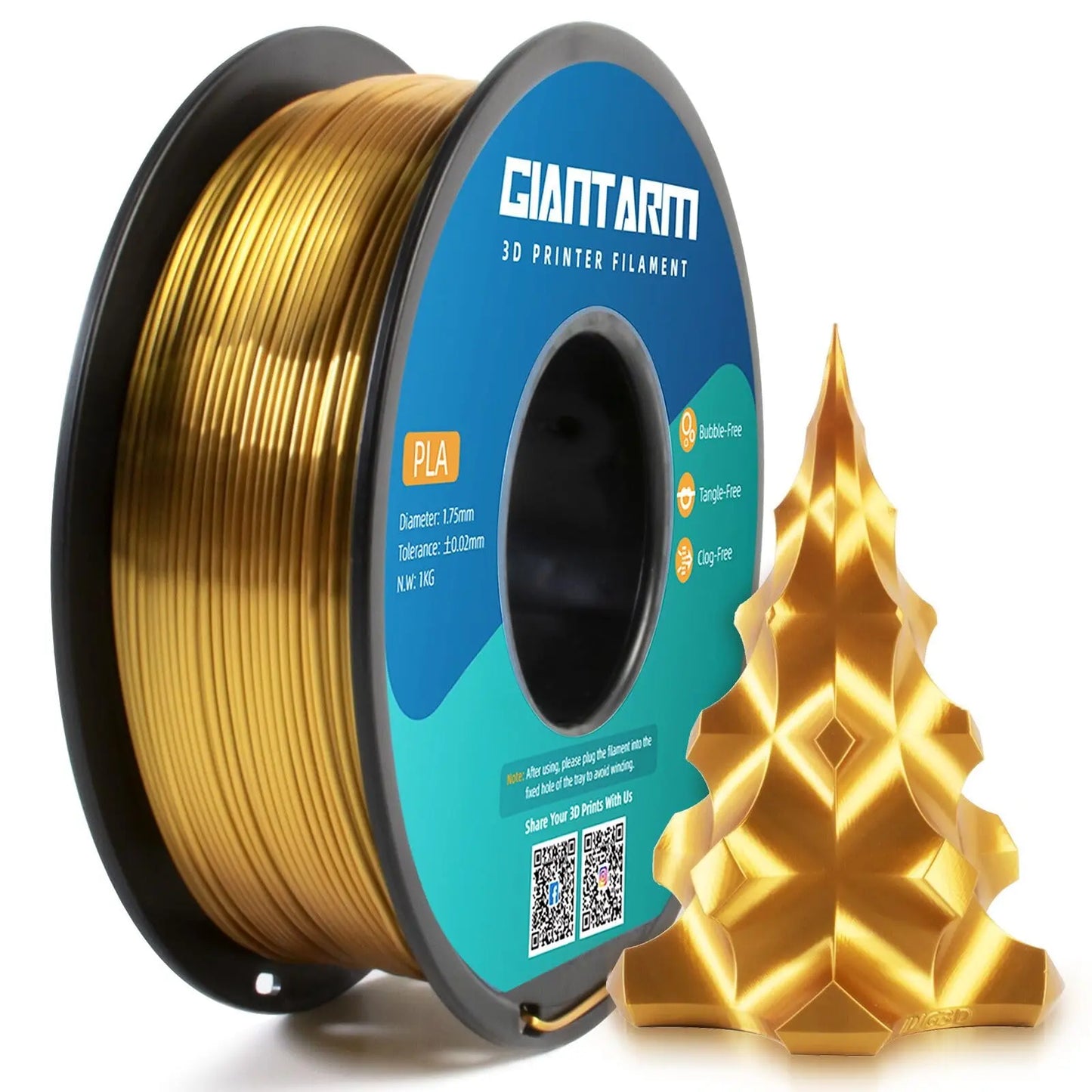 GIANTARM Silk Metallic Silver PLA 3D Printer Filament 1kg Spool, 1.75mm Dimensional Accuracy +/-0.03mm, 1080 Feet per Roll, Vacuum Packaging i3dyou