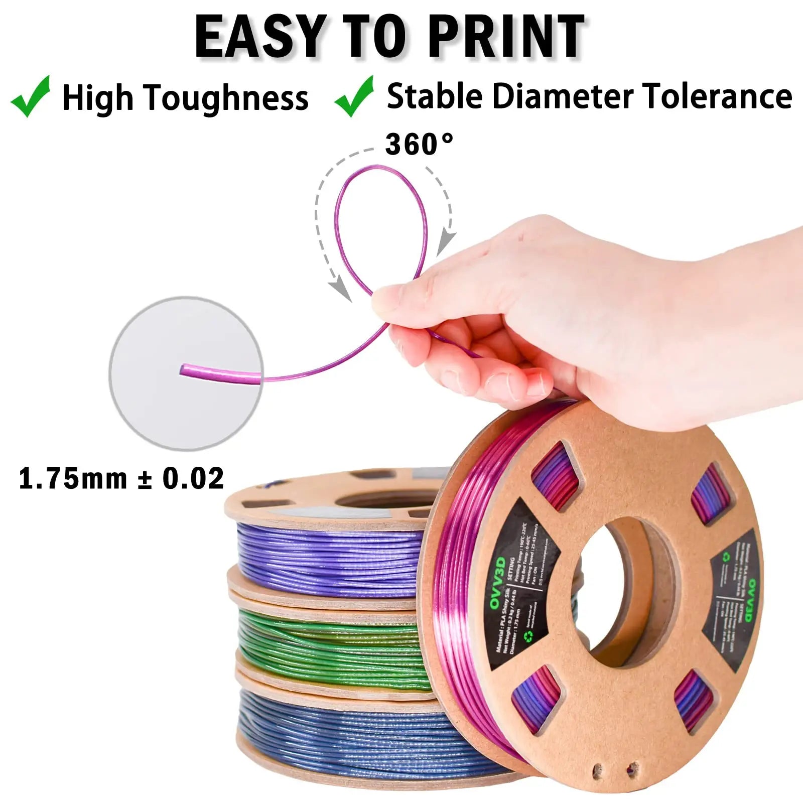 OVV3D 3D Printer Filament, PLA Filament 1.75mm Bundle, Dual Color Filament, Coextrusion 3D Filament, Silk PLA, 3D Printing Filament +/-0.02mm, 200g X 4 Spool i3dyou
