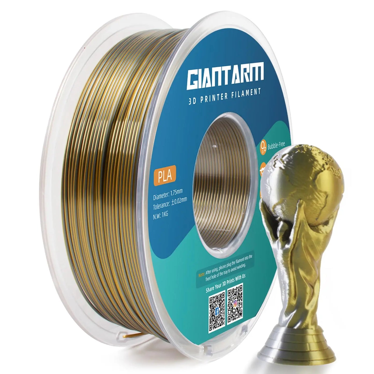 GIANTARM Silk Metallic Silver PLA 3D Printer Filament 1kg Spool, 1.75mm Dimensional Accuracy +/-0.03mm, 1080 Feet per Roll, Vacuum Packaging i3dyou