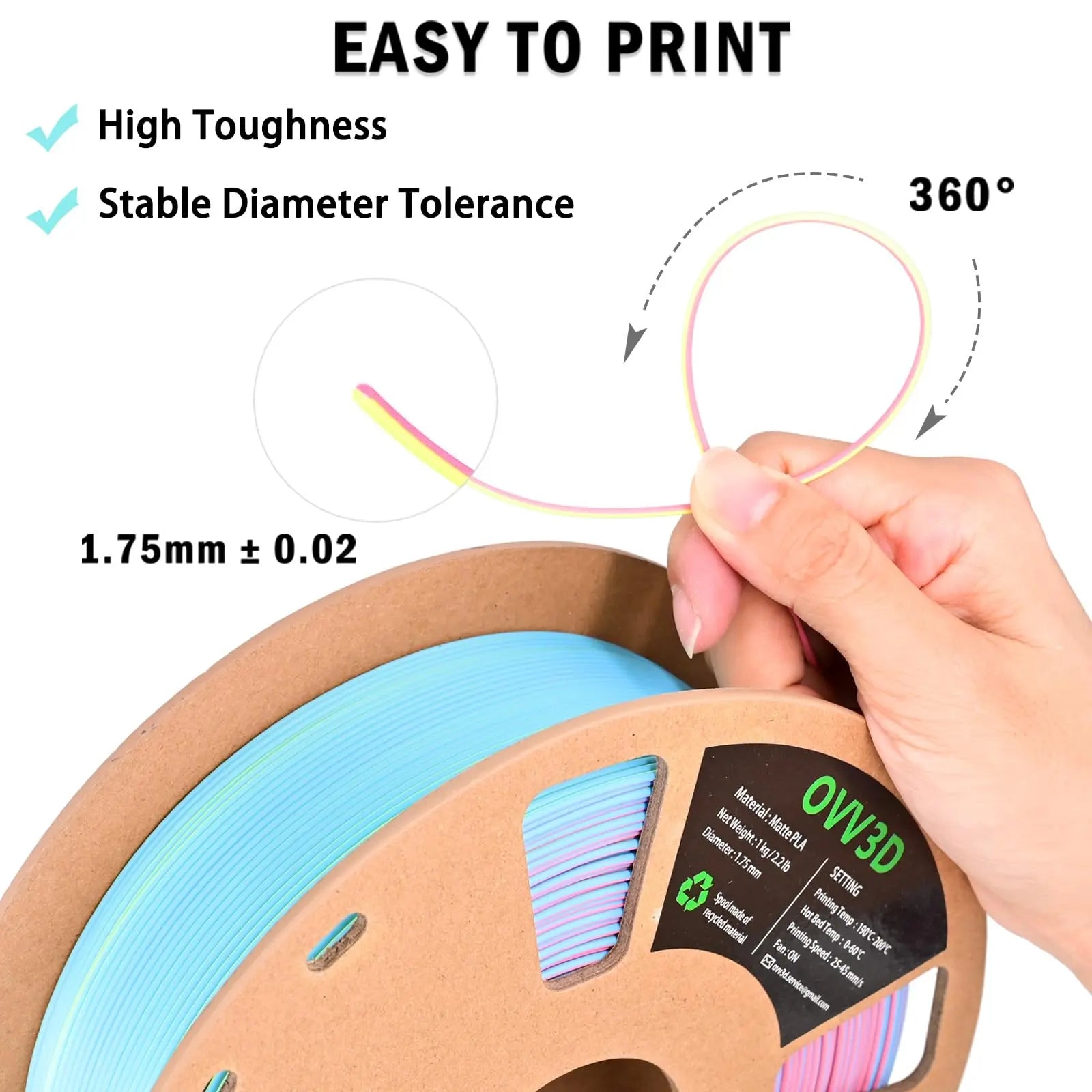 OVV3D 3D Printer Filament, PLA Filament 1.75mm Bundle, Dual Color Filament, Coextrusion 3D Filament, Silk PLA, 3D Printing Filament +/-0.02mm, 200g X 4 Spool i3dyou