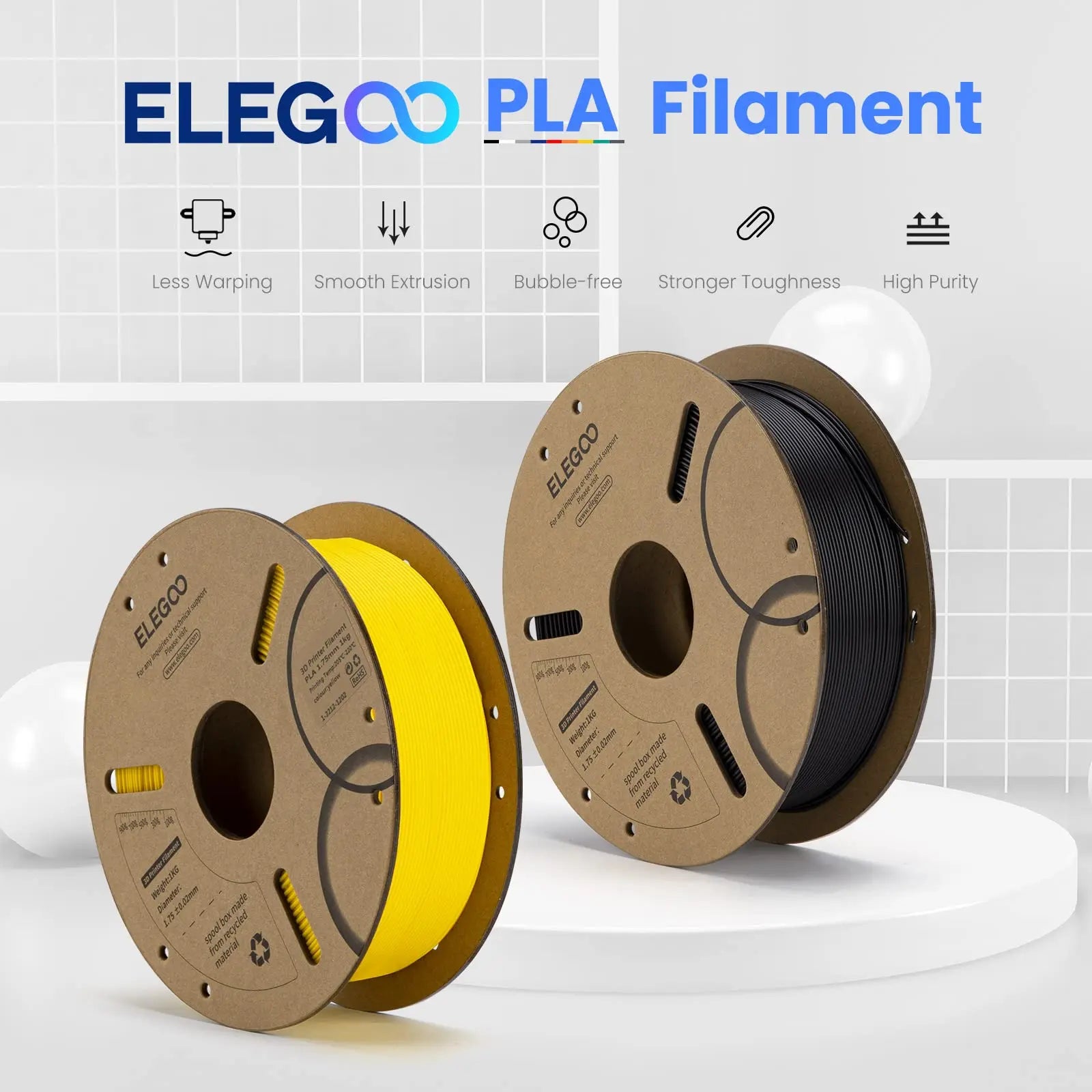 ELEGOO PLA Filament 1.75mm Black 2KG, 3D Printer Filament Dimensional Accuracy +/- 0.02mm, 2 Pack 1kg Cardboard Spool(2.2lbs) 3D Printing Filament Fits for Most FDM 3D Printers i3dyou