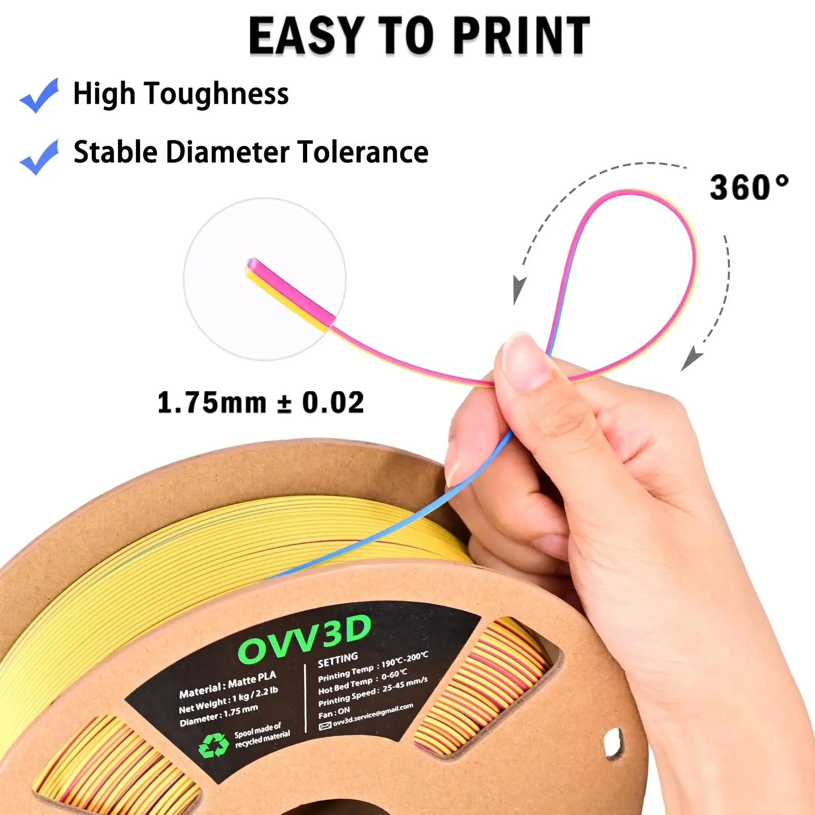 OVV3D 3D Printer Filament, PLA Filament 1.75mm Bundle, Dual Color Filament, Coextrusion 3D Filament, Silk PLA, 3D Printing Filament +/-0.02mm, 200g X 4 Spool i3dyou