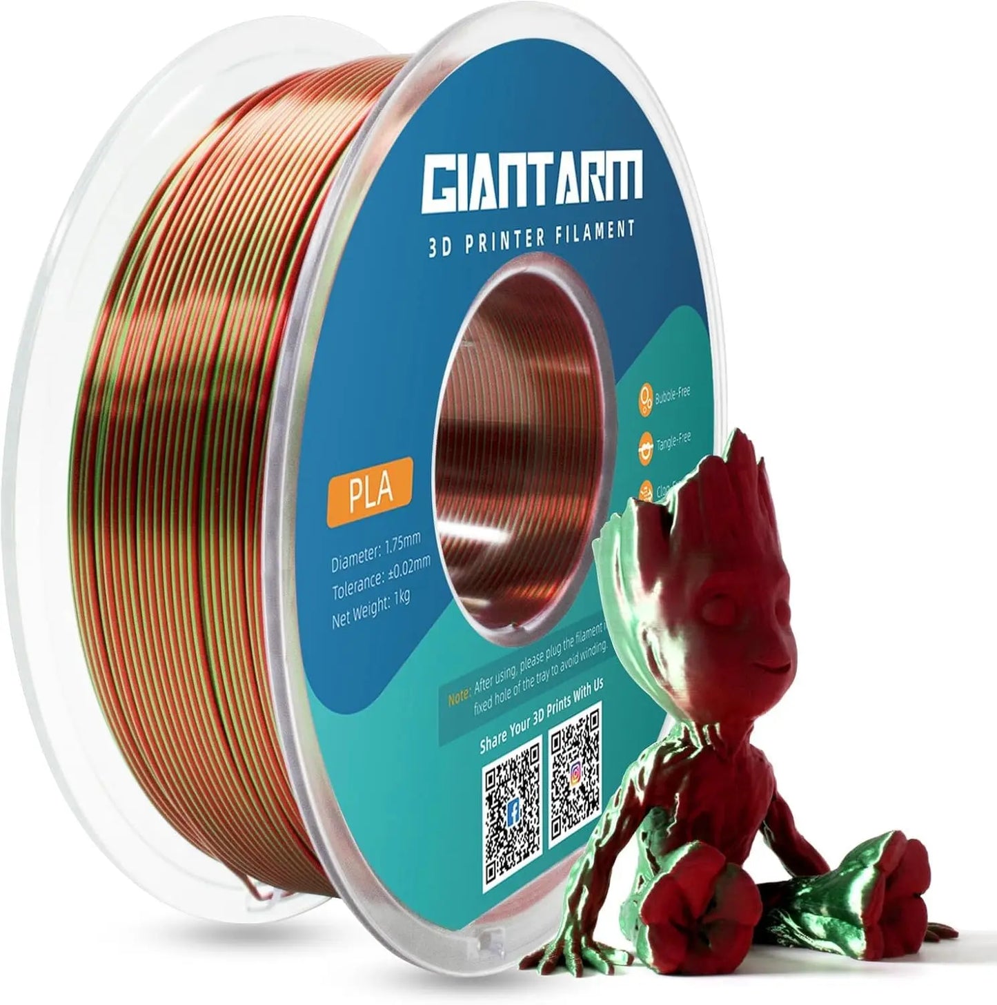 GIANTARM Silk Metallic Silver PLA 3D Printer Filament 1kg Spool, 1.75mm Dimensional Accuracy +/-0.03mm, 1080 Feet per Roll, Vacuum Packaging i3dyou