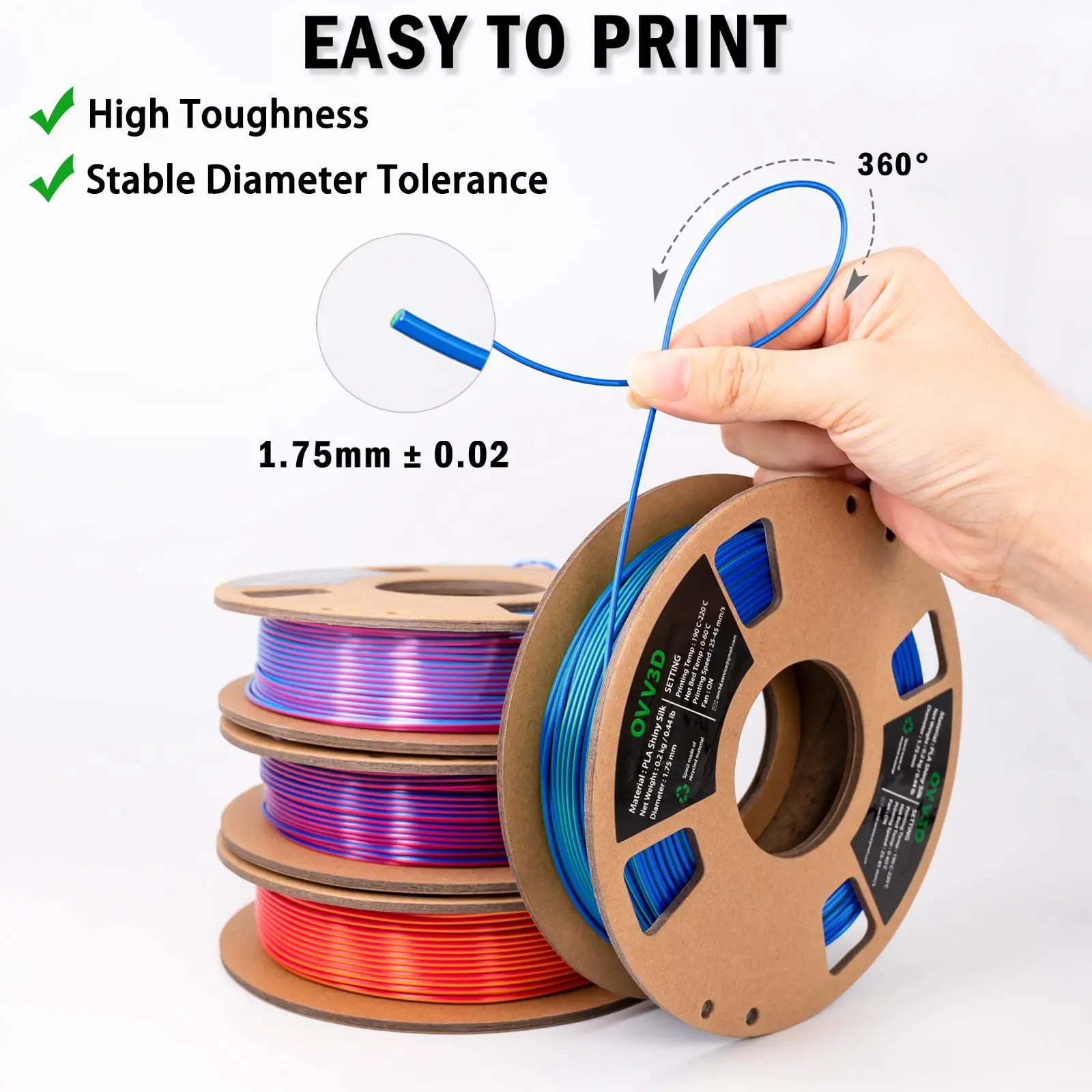 OVV3D 3D Printer Filament, PLA Filament 1.75mm Bundle, Dual Color Filament, Coextrusion 3D Filament, Silk PLA, 3D Printing Filament +/-0.02mm, 200g X 4 Spool i3dyou