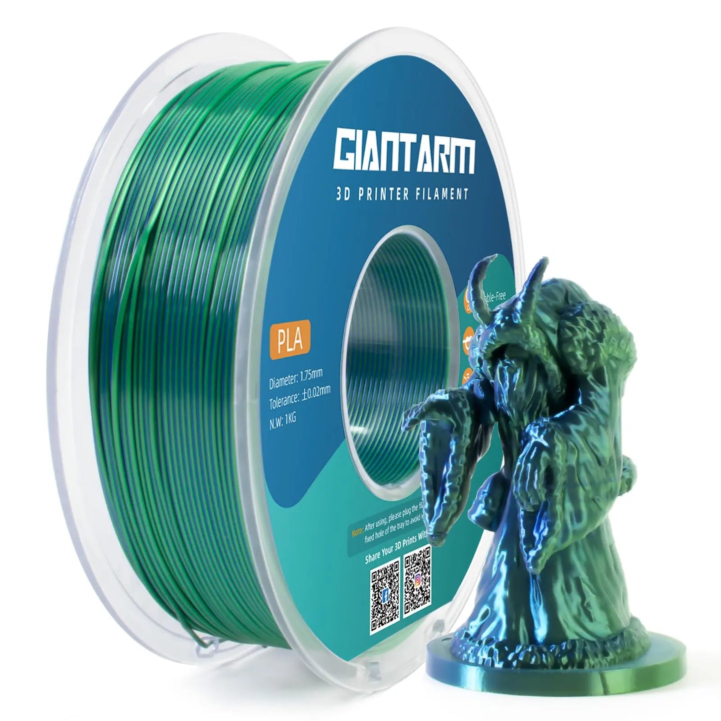 GIANTARM Silk Metallic Silver PLA 3D Printer Filament 1kg Spool, 1.75mm Dimensional Accuracy +/-0.03mm, 1080 Feet per Roll, Vacuum Packaging i3dyou