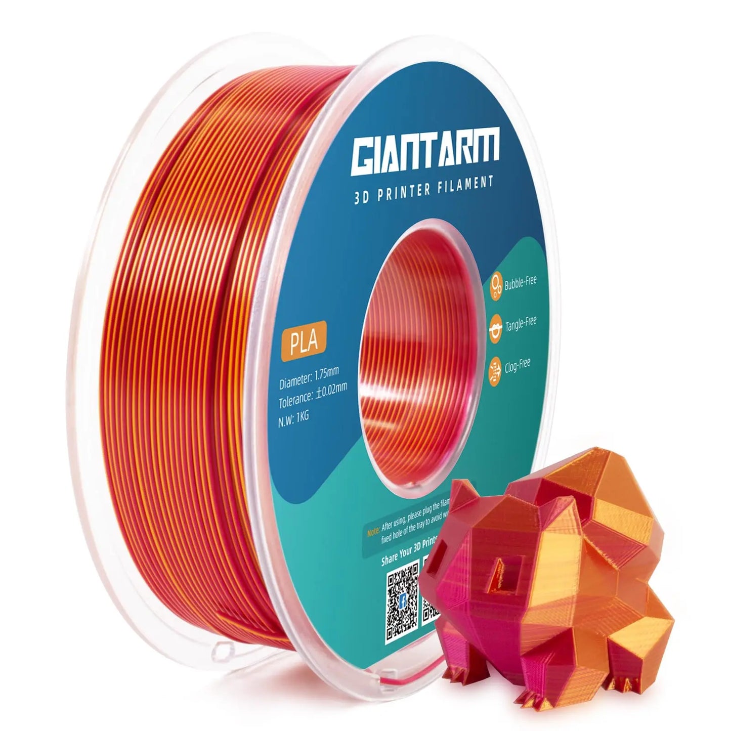 GIANTARM Silk Metallic Silver PLA 3D Printer Filament 1kg Spool, 1.75mm Dimensional Accuracy +/-0.03mm, 1080 Feet per Roll, Vacuum Packaging i3dyou