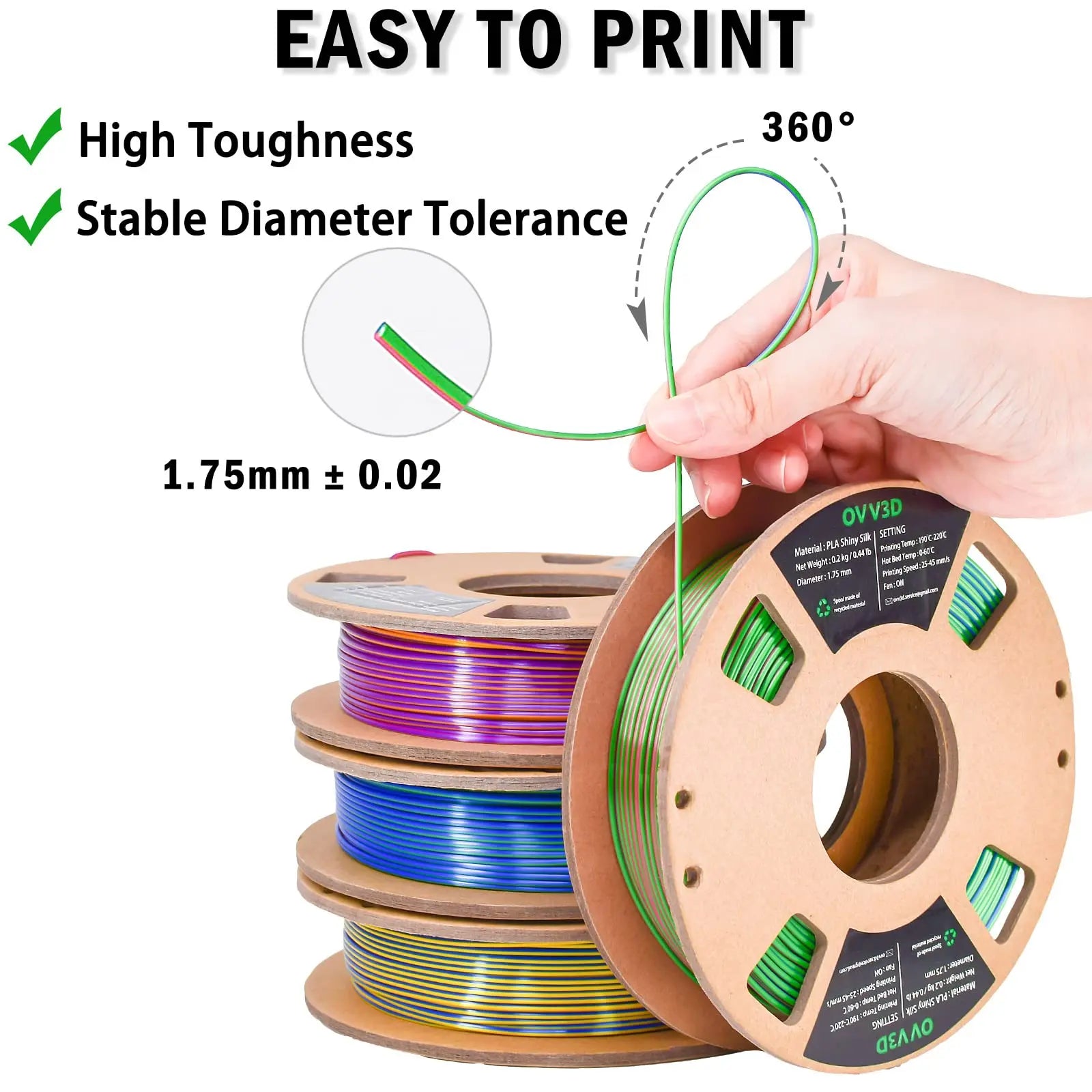OVV3D 3D Printer Filament, PLA Filament 1.75mm Bundle, Dual Color Filament, Coextrusion 3D Filament, Silk PLA, 3D Printing Filament +/-0.02mm, 200g X 4 Spool i3dyou