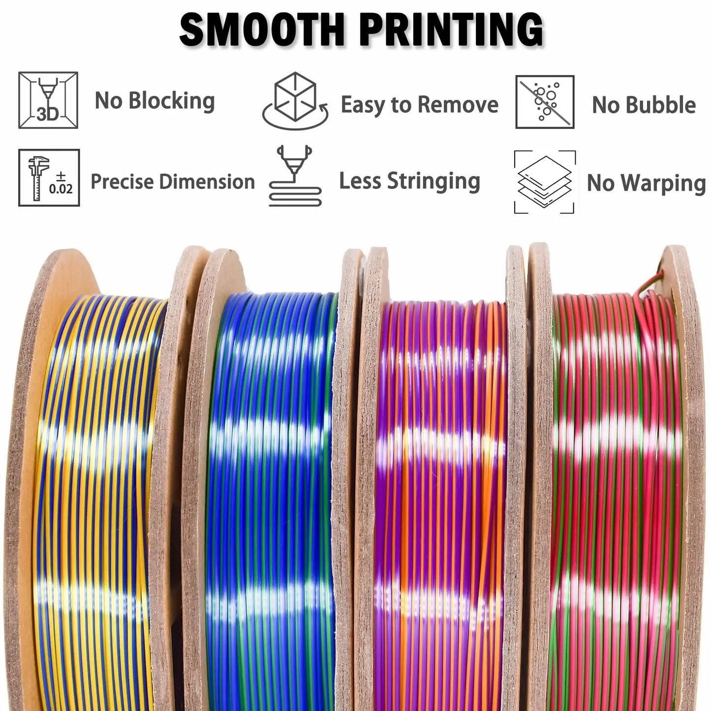 OVV3D 3D Printer Filament, PLA Filament 1.75mm Bundle, Dual Color Filament, Coextrusion 3D Filament, Silk PLA, 3D Printing Filament +/-0.02mm, 200g X 4 Spool i3dyou