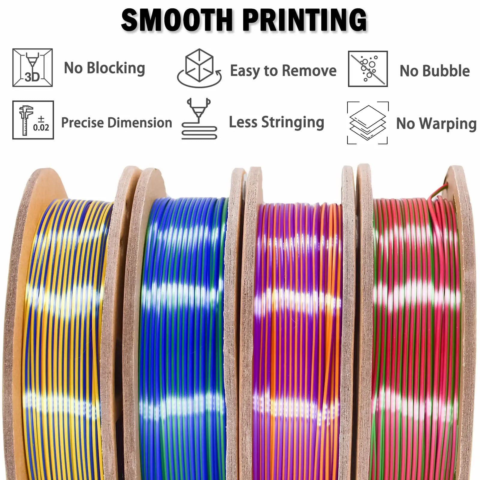 OVV3D 3D Printer Filament, PLA Filament 1.75mm Bundle, Dual Color Filament, Coextrusion 3D Filament, Silk PLA, 3D Printing Filament +/-0.02mm, 200g X 4 Spool i3dyou