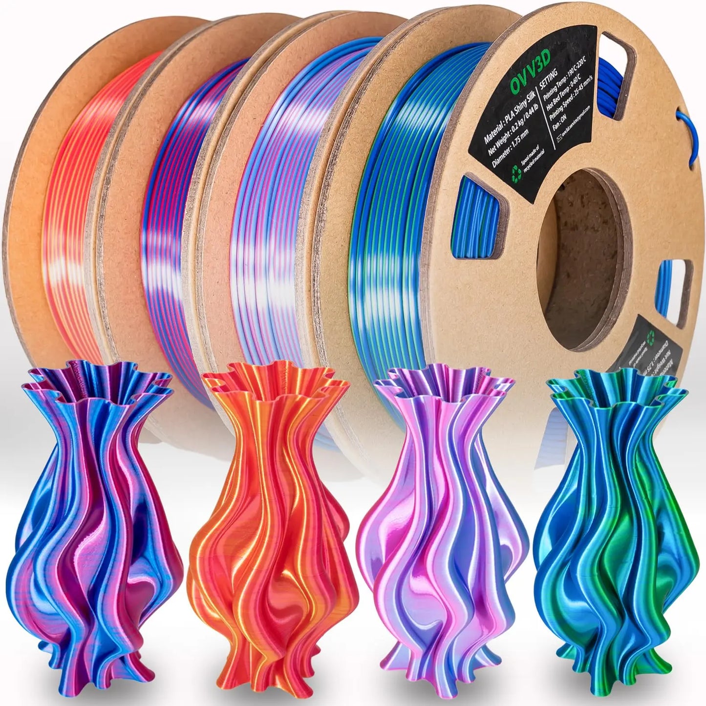 OVV3D 3D Printer Filament, PLA Filament 1.75mm Bundle, Dual Color Filament, Coextrusion 3D Filament, Silk PLA, 3D Printing Filament +/-0.02mm, 200g X 4 Spool i3dyou