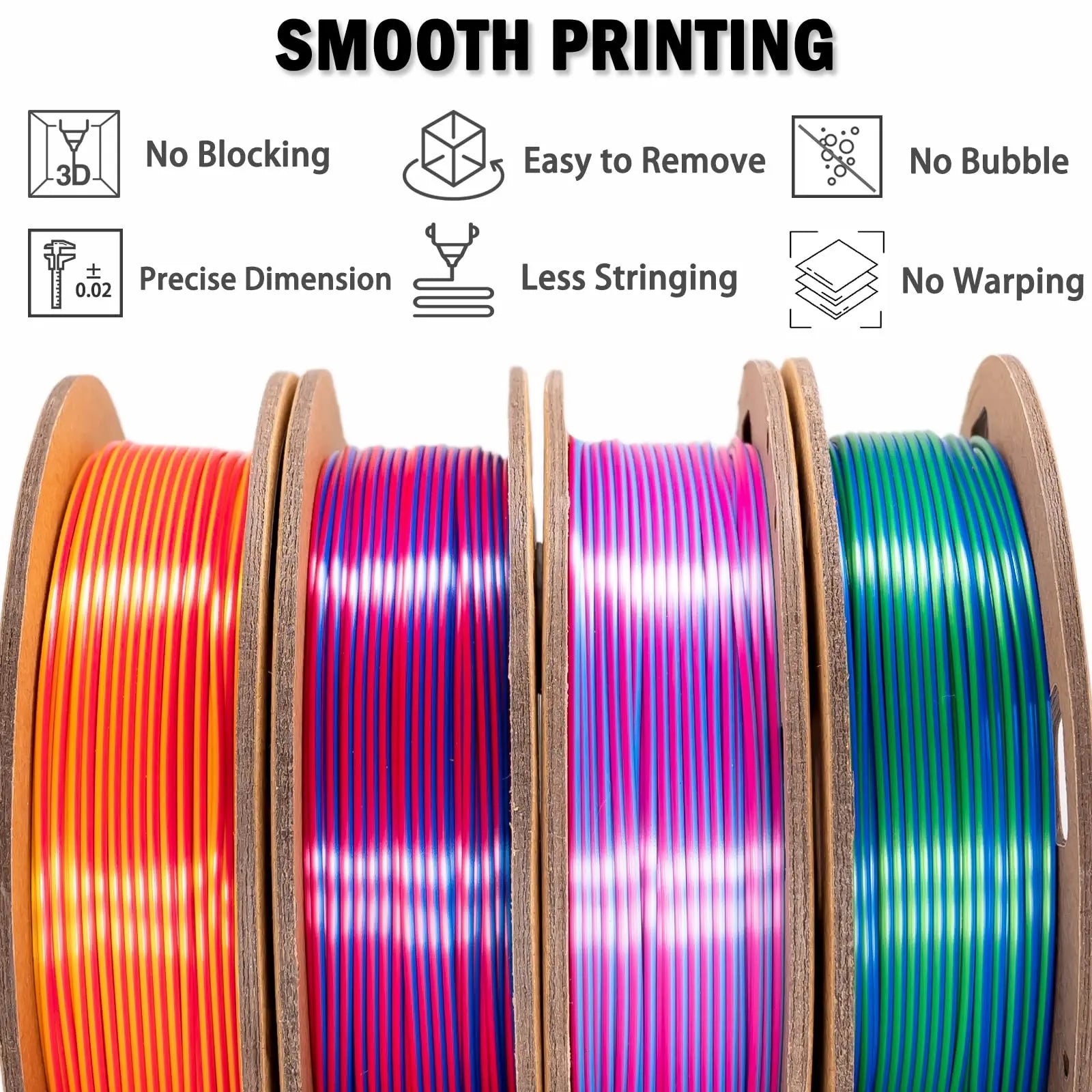 OVV3D 3D Printer Filament, PLA Filament 1.75mm Bundle, Dual Color Filament, Coextrusion 3D Filament, Silk PLA, 3D Printing Filament +/-0.02mm, 200g X 4 Spool i3dyou