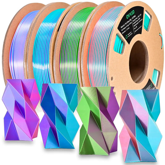 OVV3D 3D Printer Filament, PLA Filament 1.75mm Bundle, Dual Color Filament, Coextrusion 3D Filament, Silk PLA, 3D Printing Filament +/-0.02mm, 200g X 4 Spool i3dyou