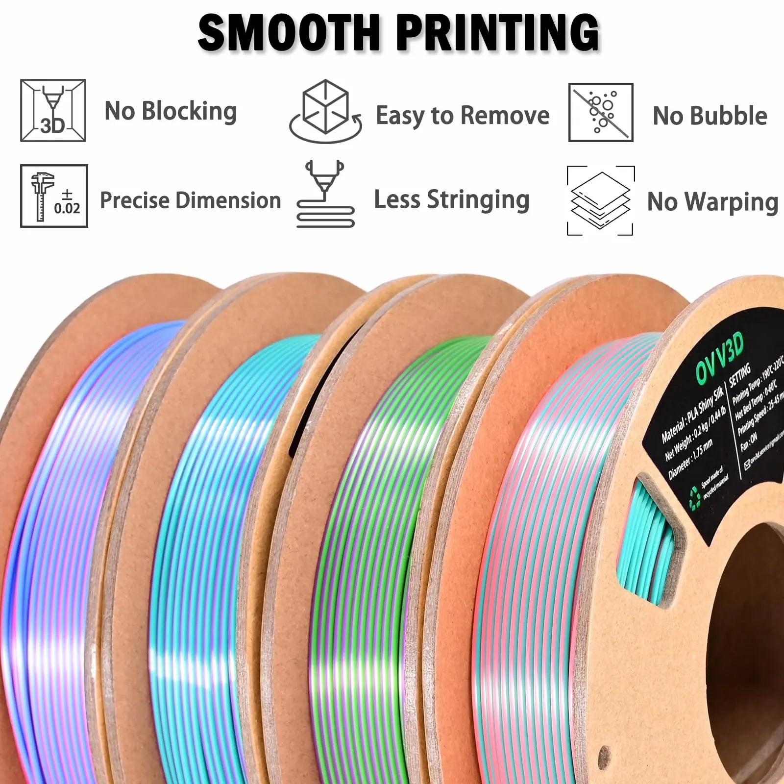 OVV3D 3D Printer Filament, PLA Filament 1.75mm Bundle, Dual Color Filament, Coextrusion 3D Filament, Silk PLA, 3D Printing Filament +/-0.02mm, 200g X 4 Spool i3dyou