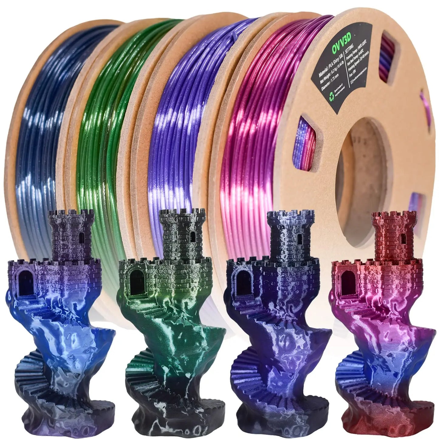 OVV3D 3D Printer Filament, PLA Filament 1.75mm Bundle, Dual Color Filament, Coextrusion 3D Filament, Silk PLA, 3D Printing Filament +/-0.02mm, 200g X 4 Spool i3dyou