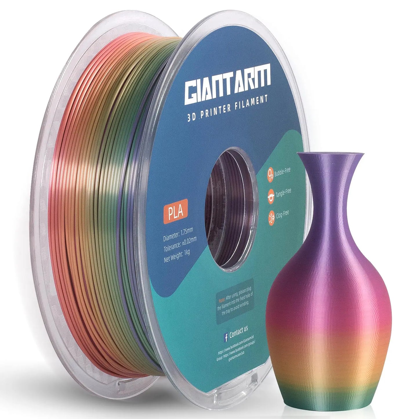 GIANTARM Silk Metallic Silver PLA 3D Printer Filament 1kg Spool, 1.75mm Dimensional Accuracy +/-0.03mm, 1080 Feet per Roll, Vacuum Packaging i3dyou