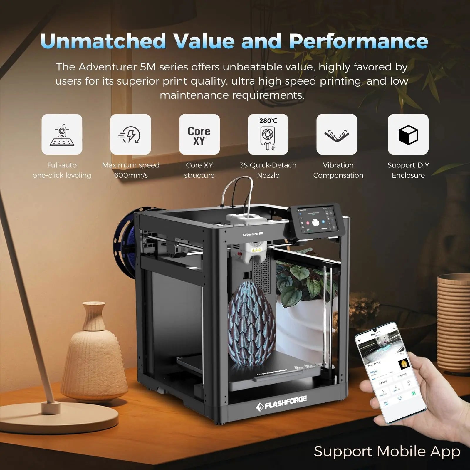 FLASHFORGE Adventurer 5M 3D Printer with Fully Auto Leveling, Max 600mm/s High Speed Printing, 280°C Direct Extruder with 3S Detachable Nozzle, Core XY All Metal Structure, Print Size 220x220x220mm - i3dyou