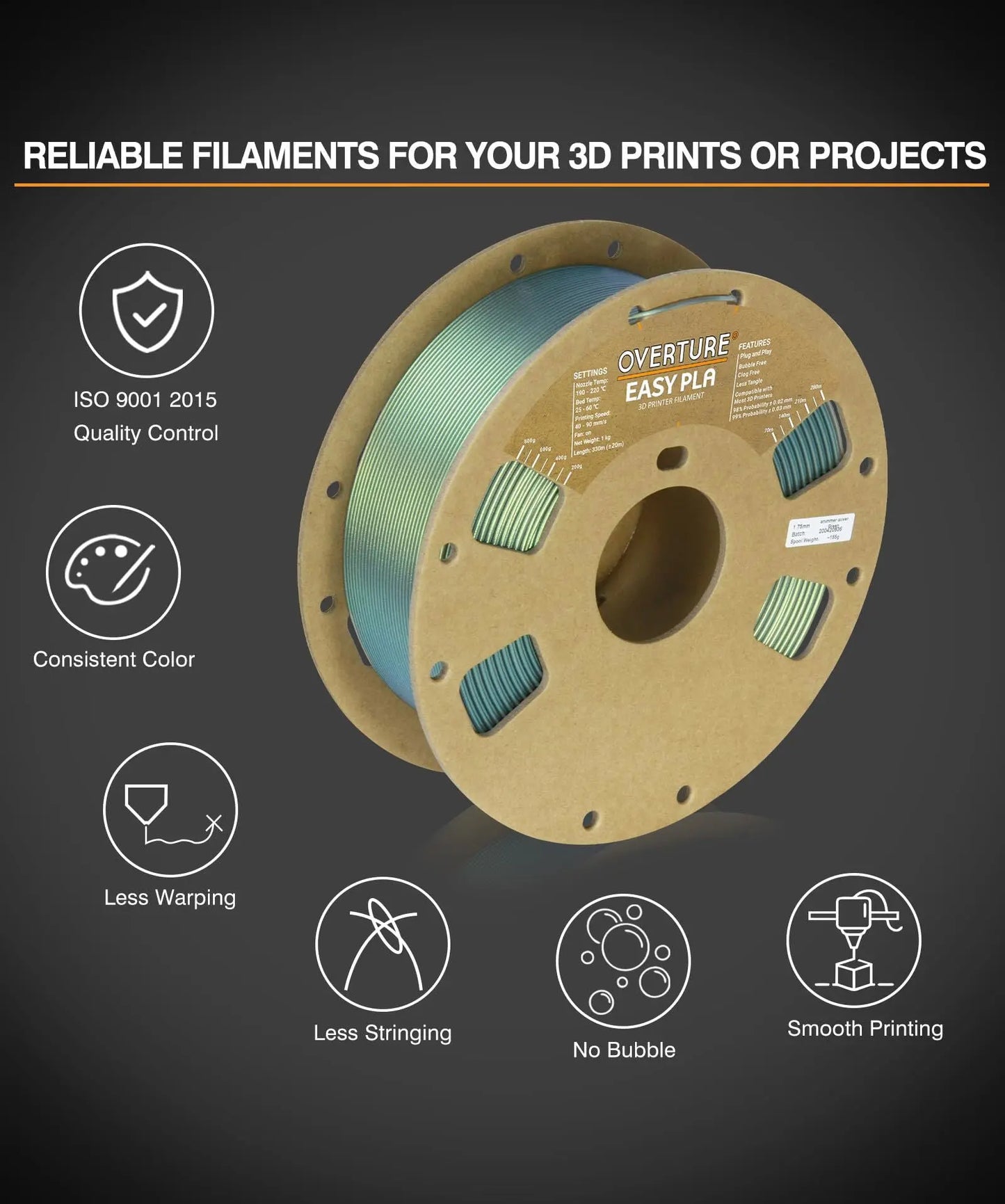 OVERTURE Easy PLA 1.75mm 3D Printer Filament, 1kg PLA Cardboard Spool (2.2lbs), Dimensional Accuracy +/- 0.02mm, Fit Most FDM Printer (Easy Natural) - i3dyou